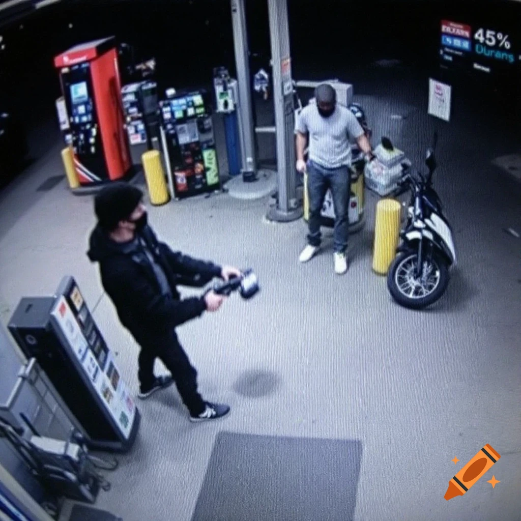 CCTV footage showing two people at a gas station at night, one holding an object near a pump