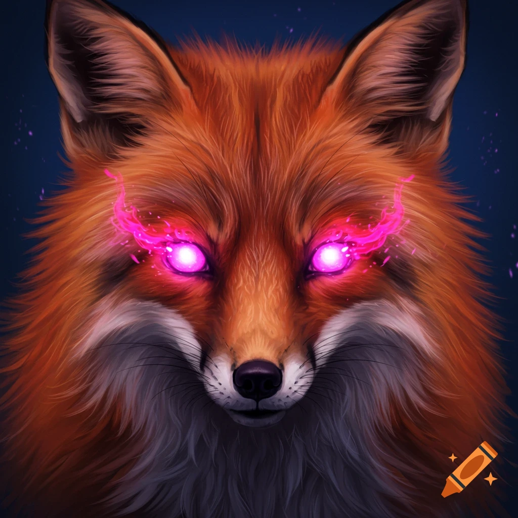 A close-up of a fox with bright pink glowing eyes.