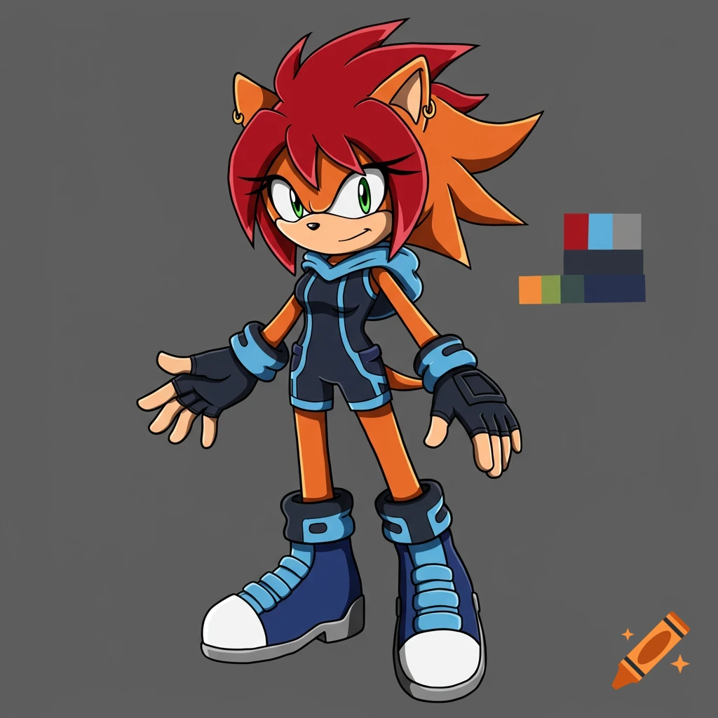 Cartoon character with orange fur and red hair wearing a blue and black bodysuit.