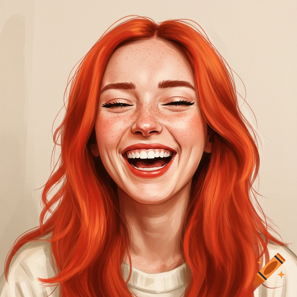 A woman with red hair and freckles is laughing.