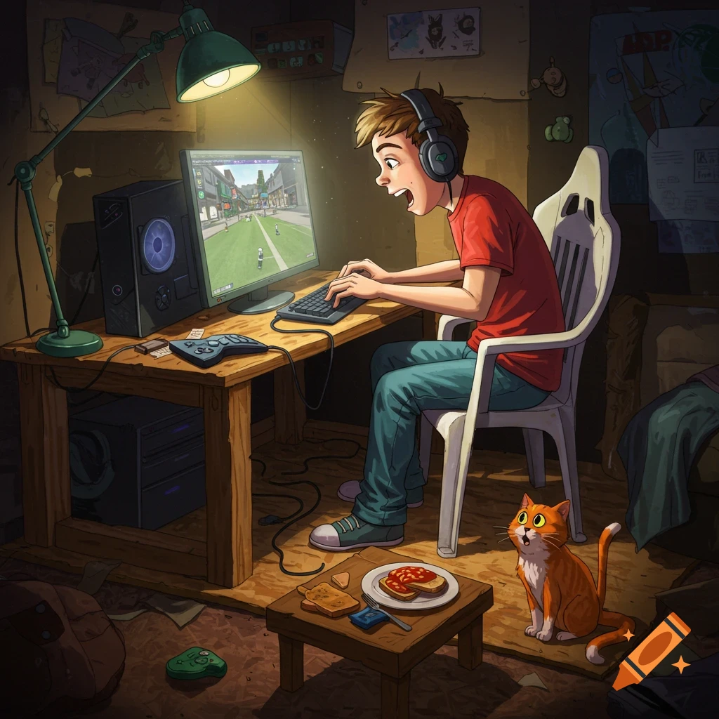 A young man playing a PC game in a messy room, with a cat watching and food on a table.