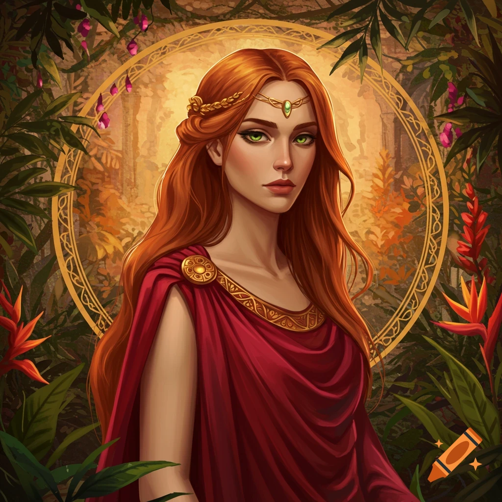 A red-haired woman with green eyes wearing a red robe and golden circlet, surrounded by lush green foliage and a golden circle backdrop.