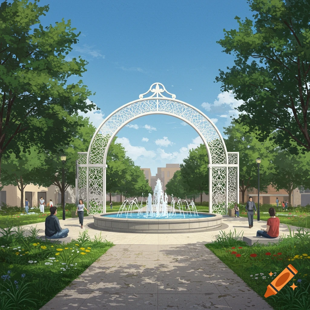 An urban park with a large fountain and decorative arch, with trees, people, and buildings in the background.