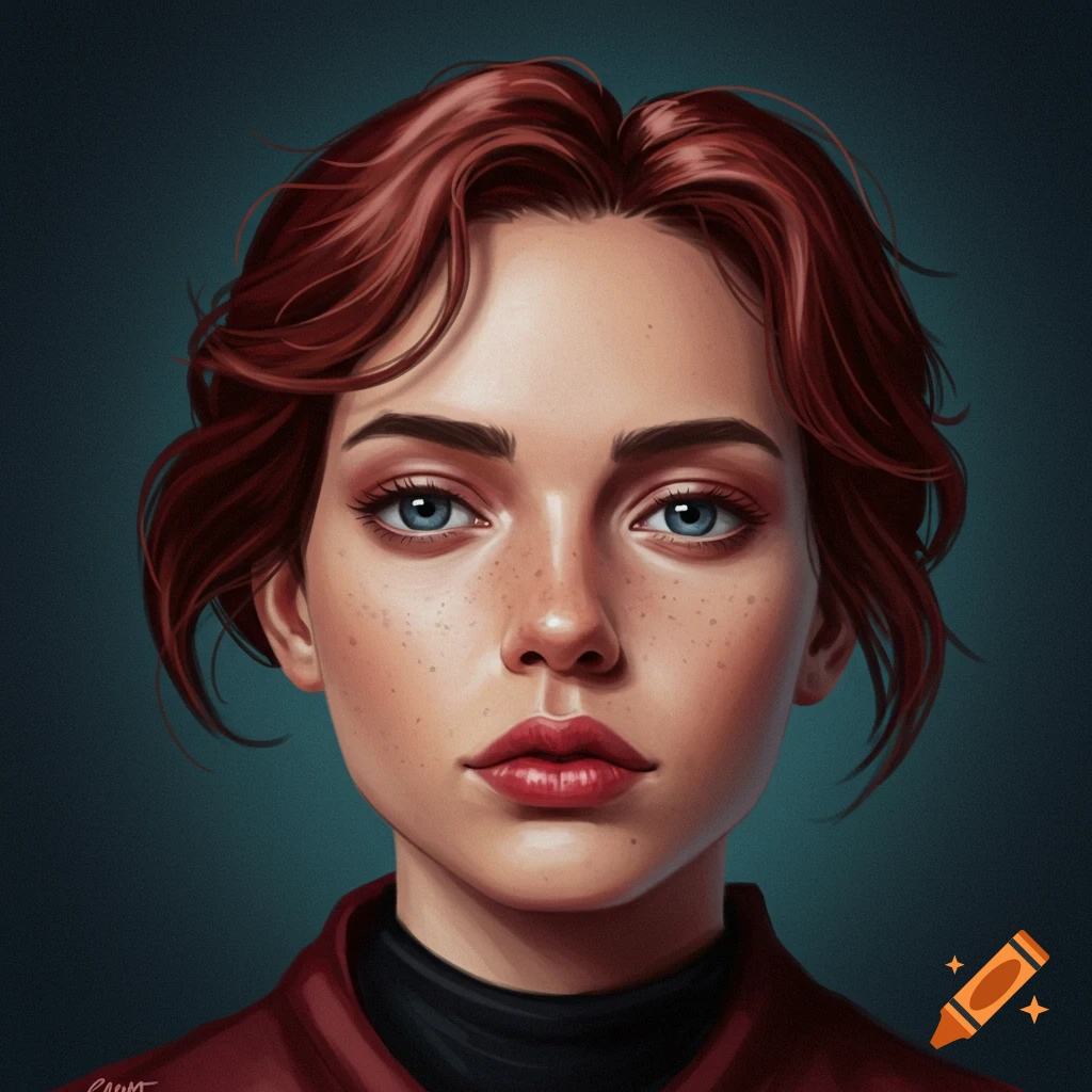 A portrait of a woman's face with red hair, blue eyes, and freckles.