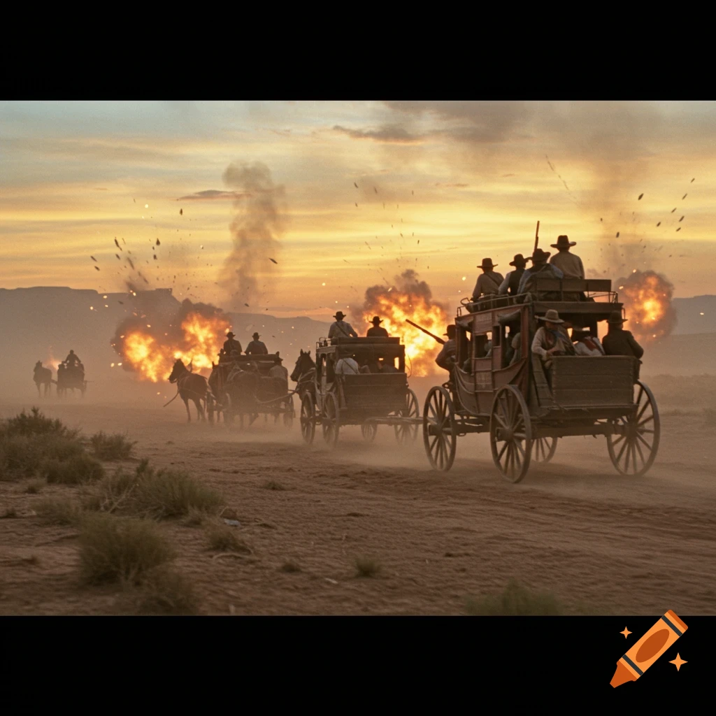 A stagecoach convoy flees explosions in a desert landscape at sunset.