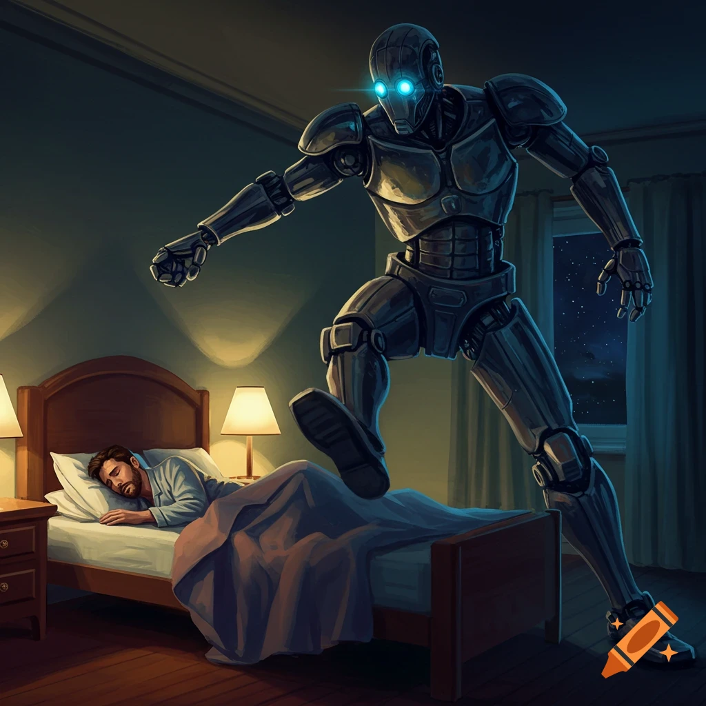 Large robot raising its foot over a man sleeping in bed.