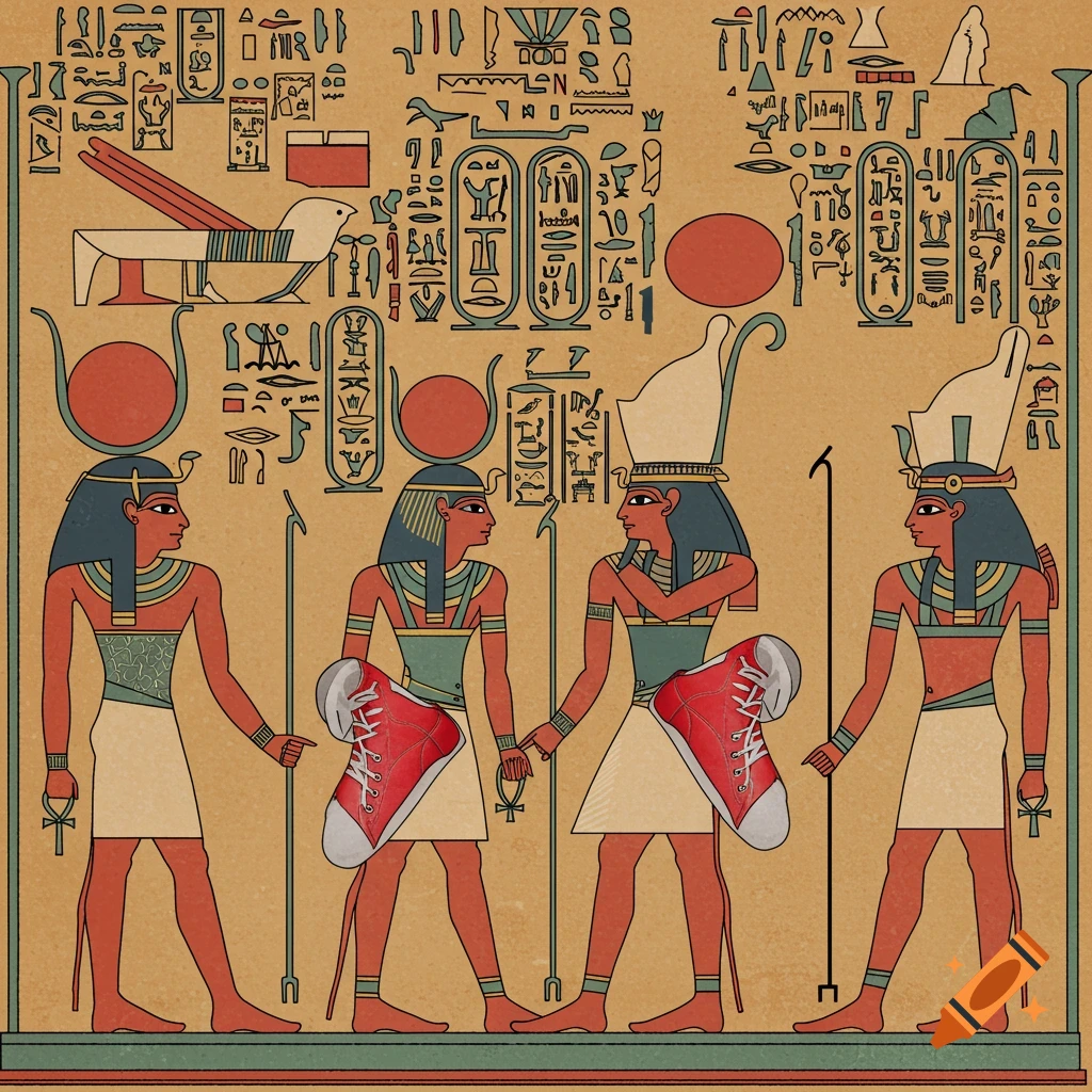 Ancient Egyptian figures and hieroglyphics in the style of a relief carving, wearing red and white sneakers