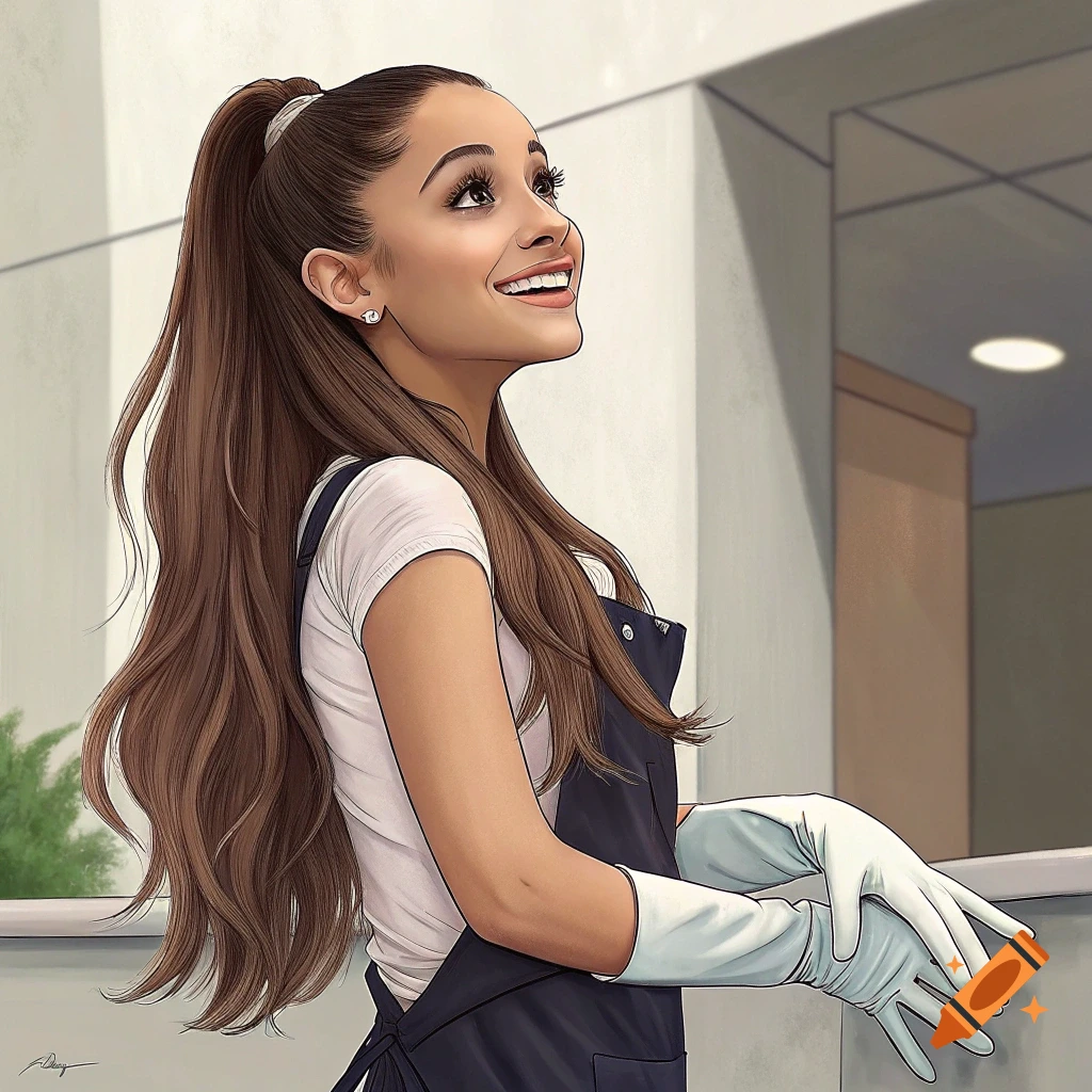 Illustrative portrait of Ariana Grande in an apron and rubber gloves, smiling and looking up.