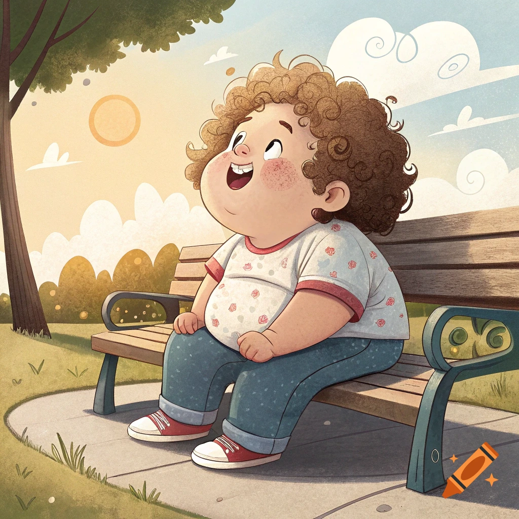 Illustration of a child with curls sitting on a park bench looking up at the sky.