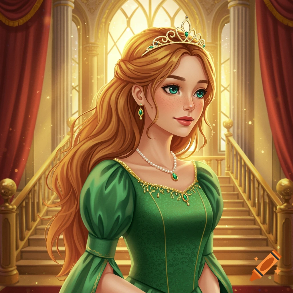 A young princess in a green gown, tiara, and pearl necklace in a grand ballroom.
