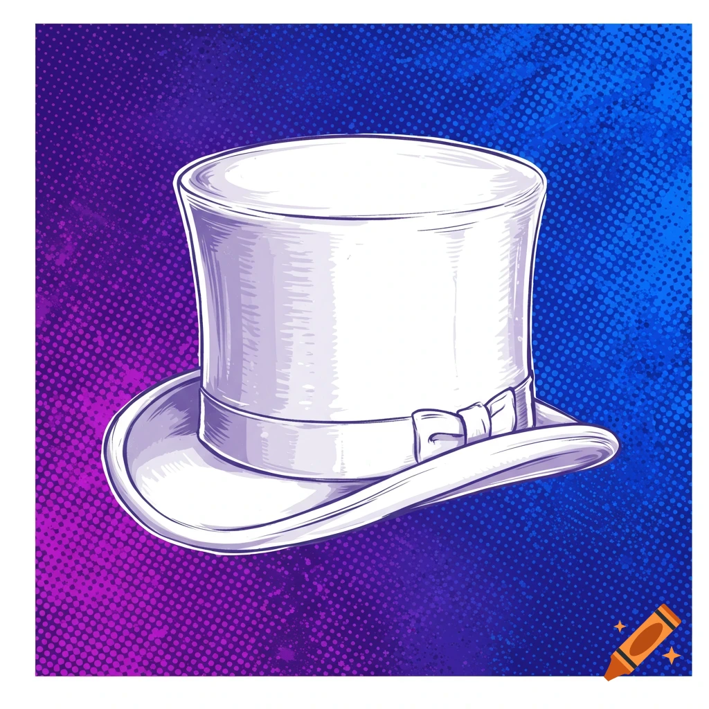 White top hat illustration against a purple and blue halftone background.