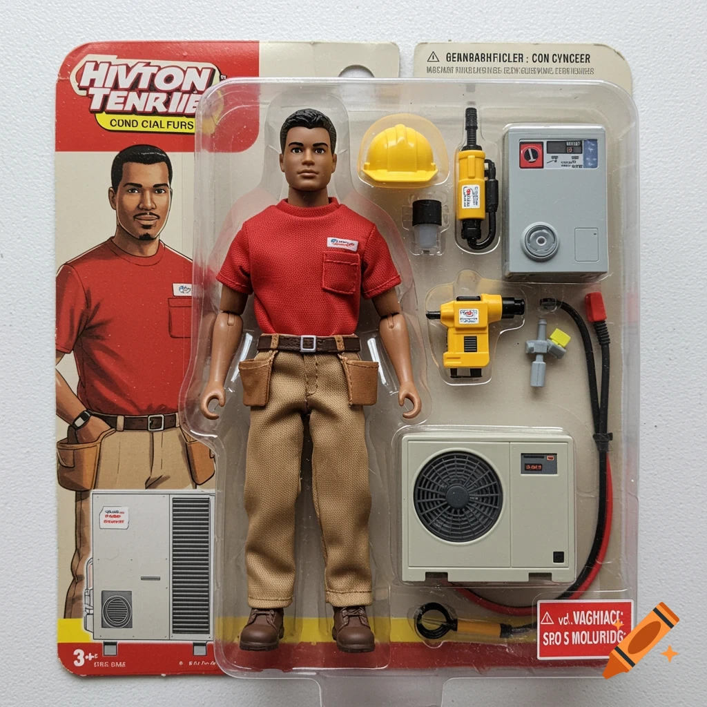 An action figure of an HVAC technician in blister pack packaging.