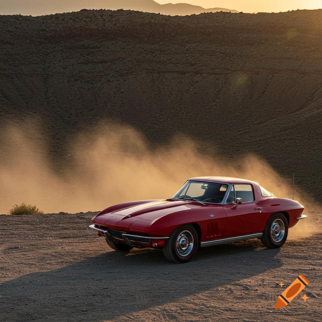 Red vintage Corvette kicks up dust in a desert landscape at sunset.