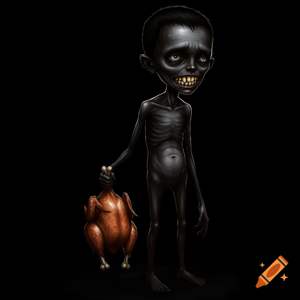 A gaunt, dark-skinned boy with crooked teeth holds a cooked chicken against a black background.