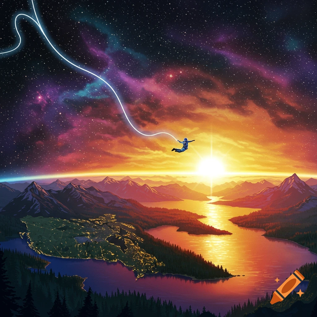 A figure bungee jumping from space over a sunset lit landscape with a glowing map of Canada below.