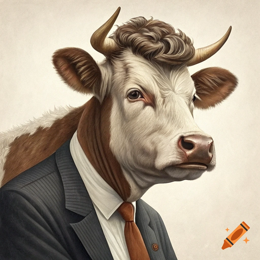 A cow wearing a dark pinstripe suit, white shirt, and orange tie, rendered in a realistic painting style.