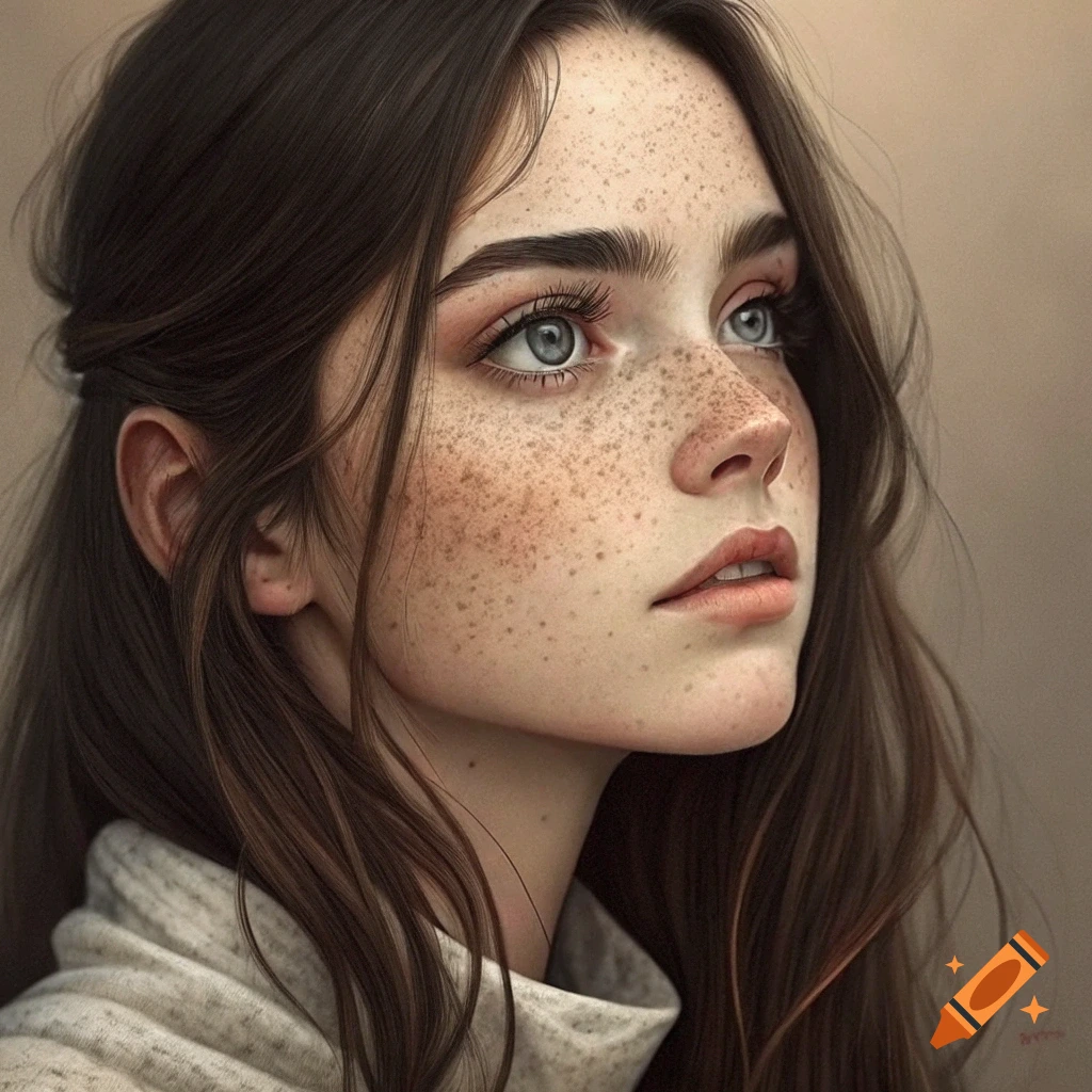 Realistic portrait of a young woman with freckles and long brown hair looking upwards.