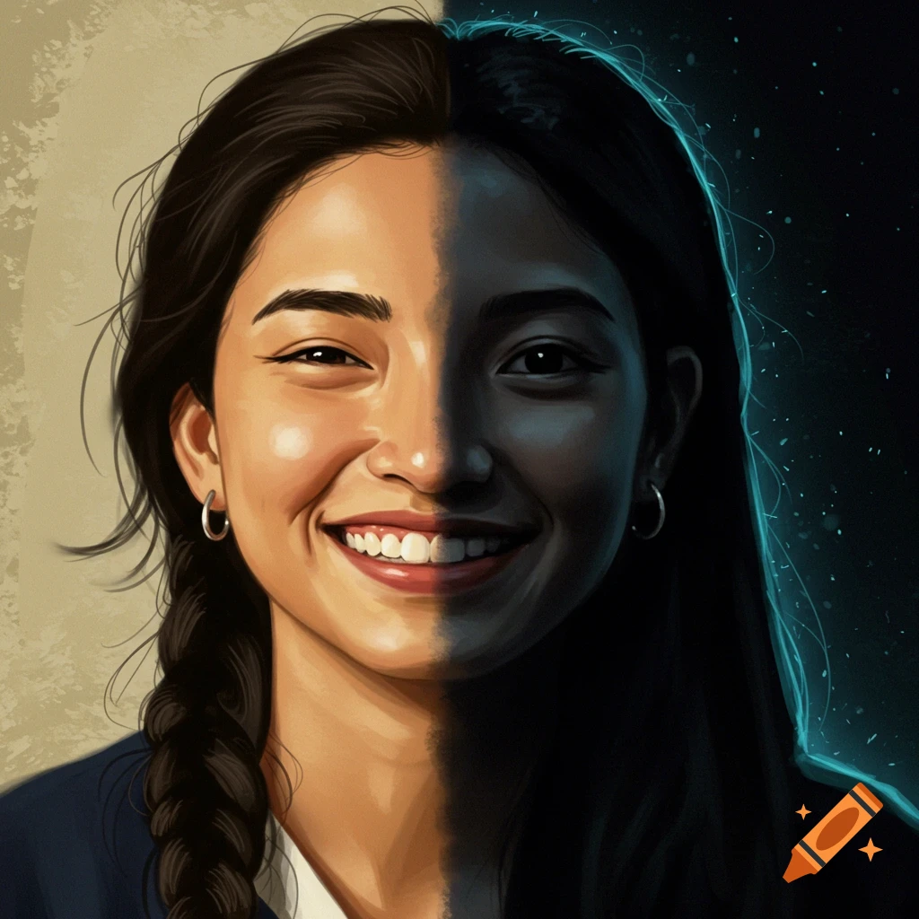 A portrait of a woman with split lighting on her face, smiling, with dark braided hair.