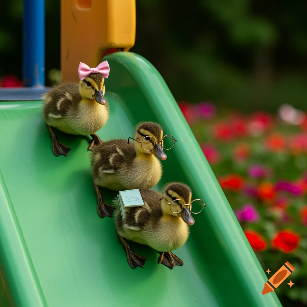 Three baby ducklings on a playground slide, one with a pink bow, another with glasses and a miniature book.