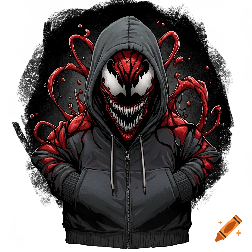 Comic book illustration of Carnage wearing a gray hoodie with red symbiote tendrils