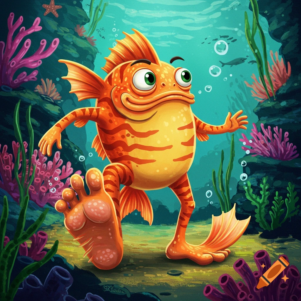 Cartoon orange fish with legs and giant human-like feet walking underwater among coral.