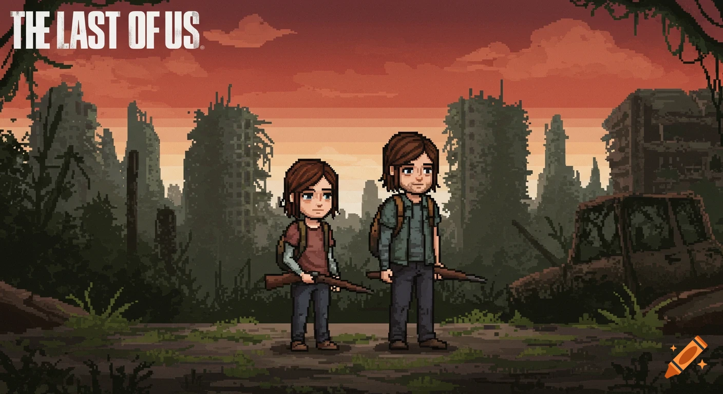 Pixel art of two characters from The Last of Us standing in a ruined city
