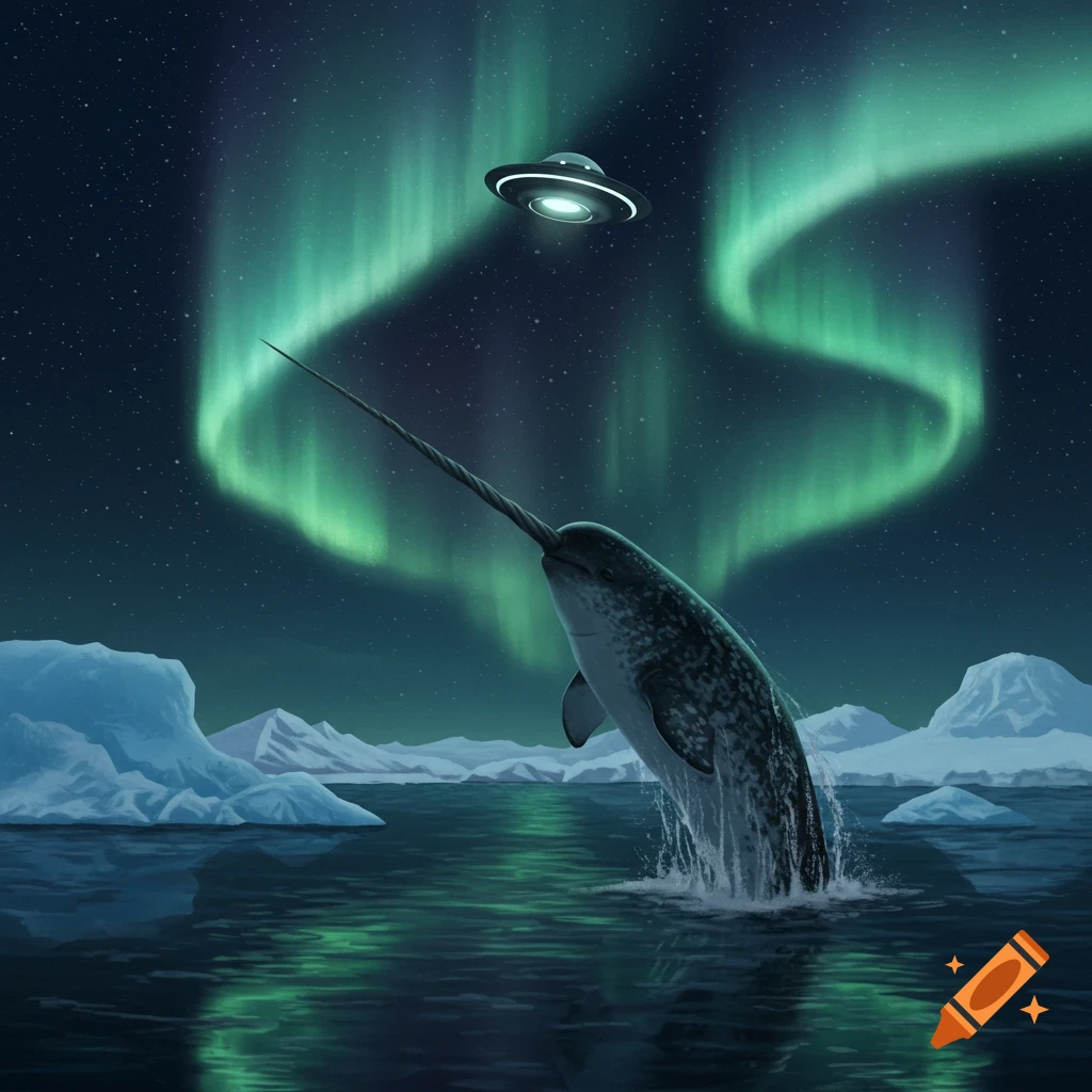 A narwhal breaches icy waters with a UFO and aurora borealis in the night sky.