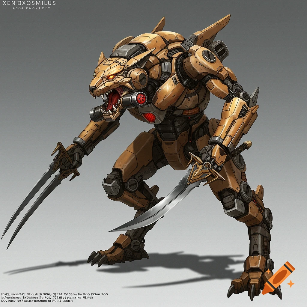 A fierce xenosmilus-inspired mech with sword claws.