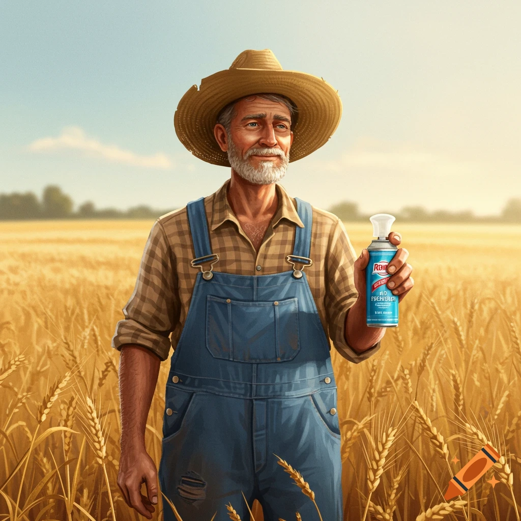 A farmer in overalls holding a spray can in a wheat field.