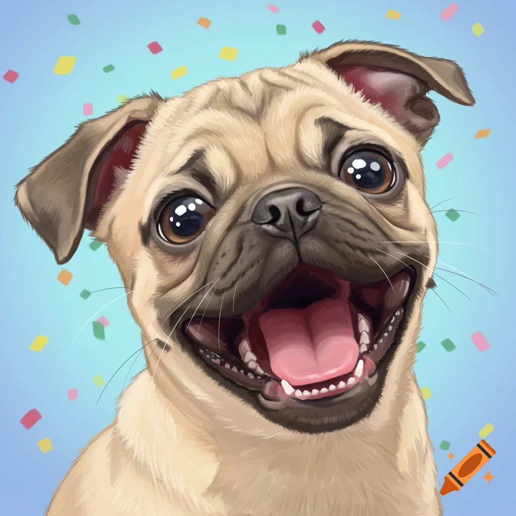 A happy pug dog is surrounded by confetti.
