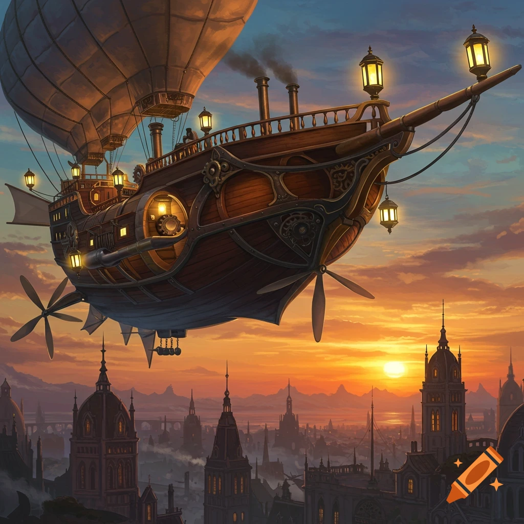 A steampunk airship flying over a city at sunset.