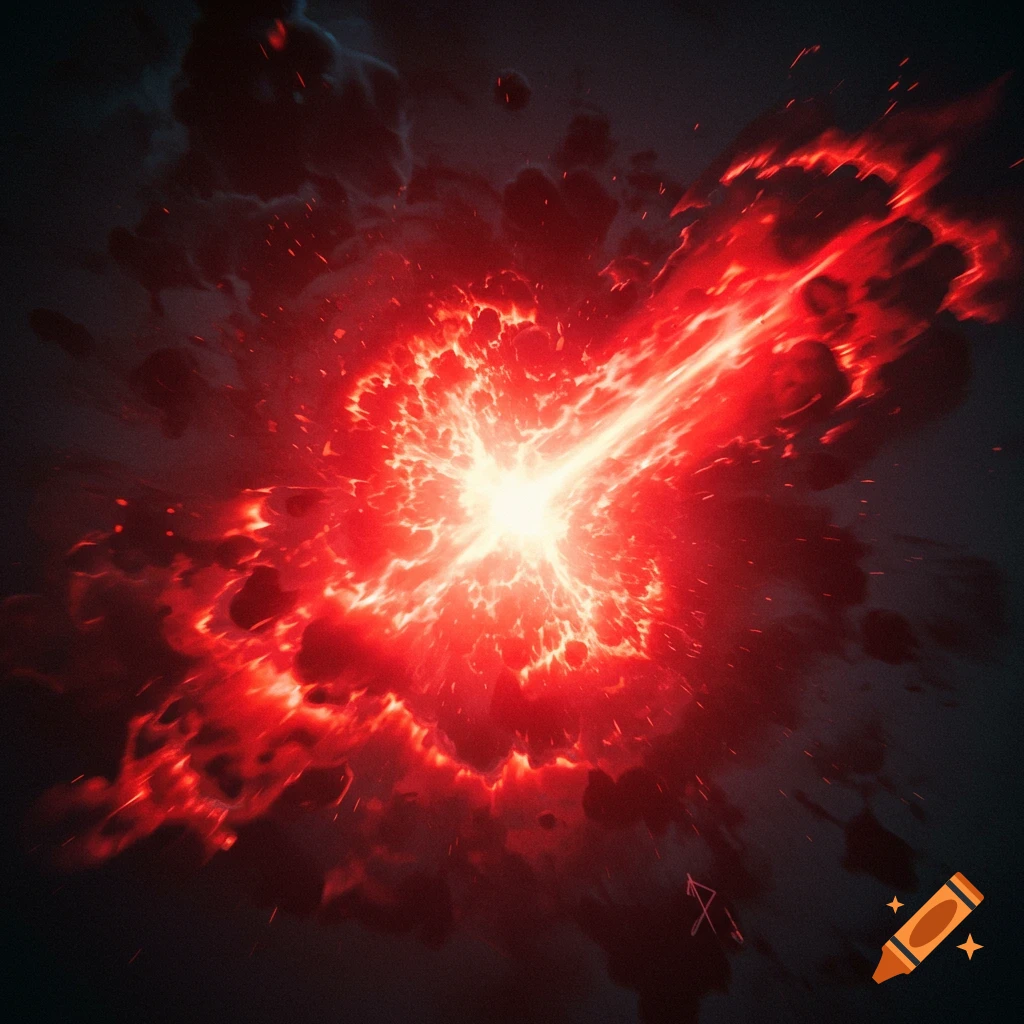 a bright red energy beam bursting through smoke and particles.