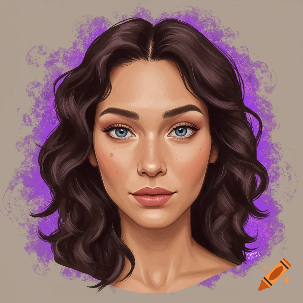 A woman with blue eyes and brown wavy hair against a purple background.