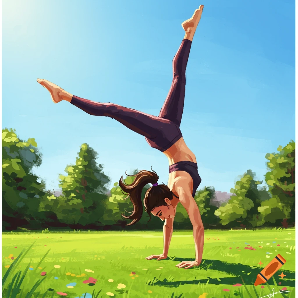 A woman is doing a handstand in a grassy park.