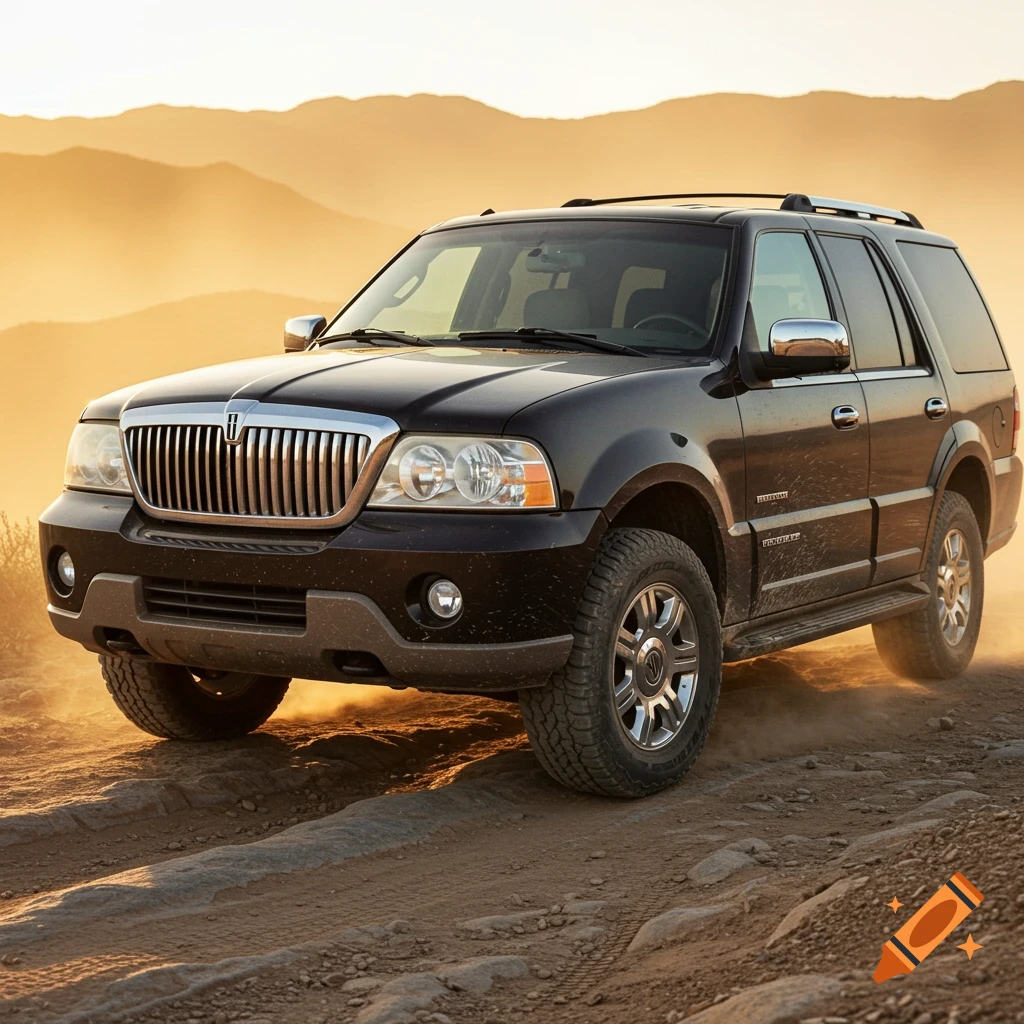 A black Lincoln Navigator SUV drives on a dusty off-road trail towards mountains at sunset.