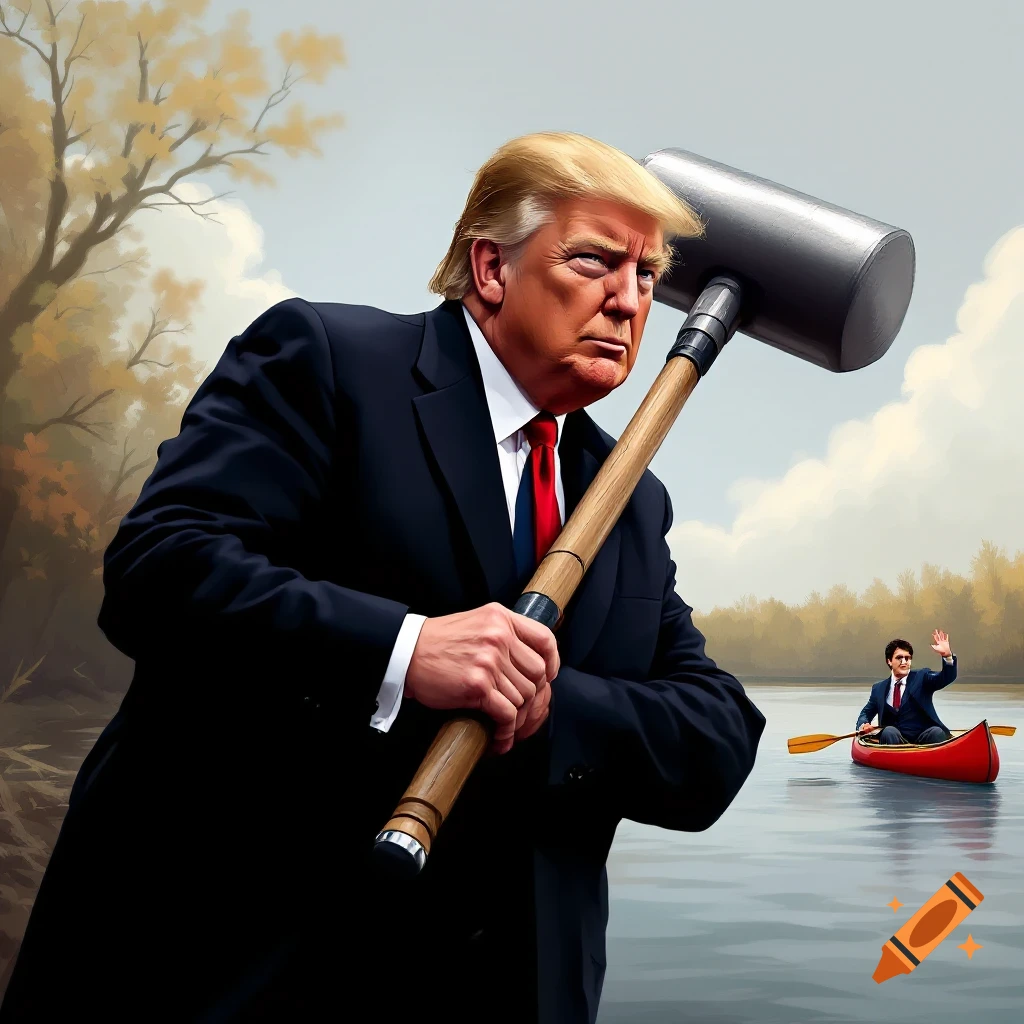 Donald Trump holding a large mallet by a river, with Justin Trudeau waving from a canoe in the background.