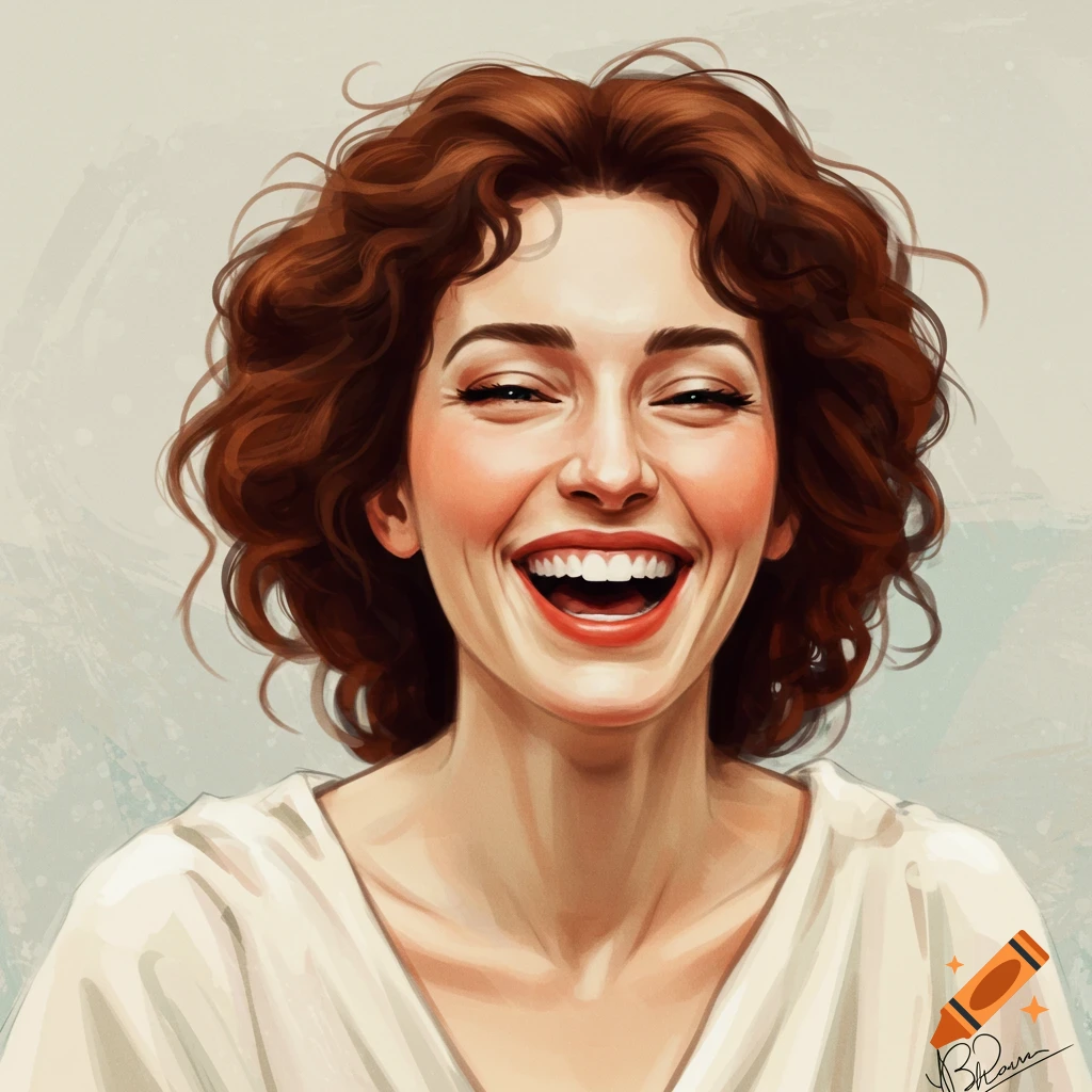 Portrait of a woman with brown curly hair laughing heartily against a pale background.