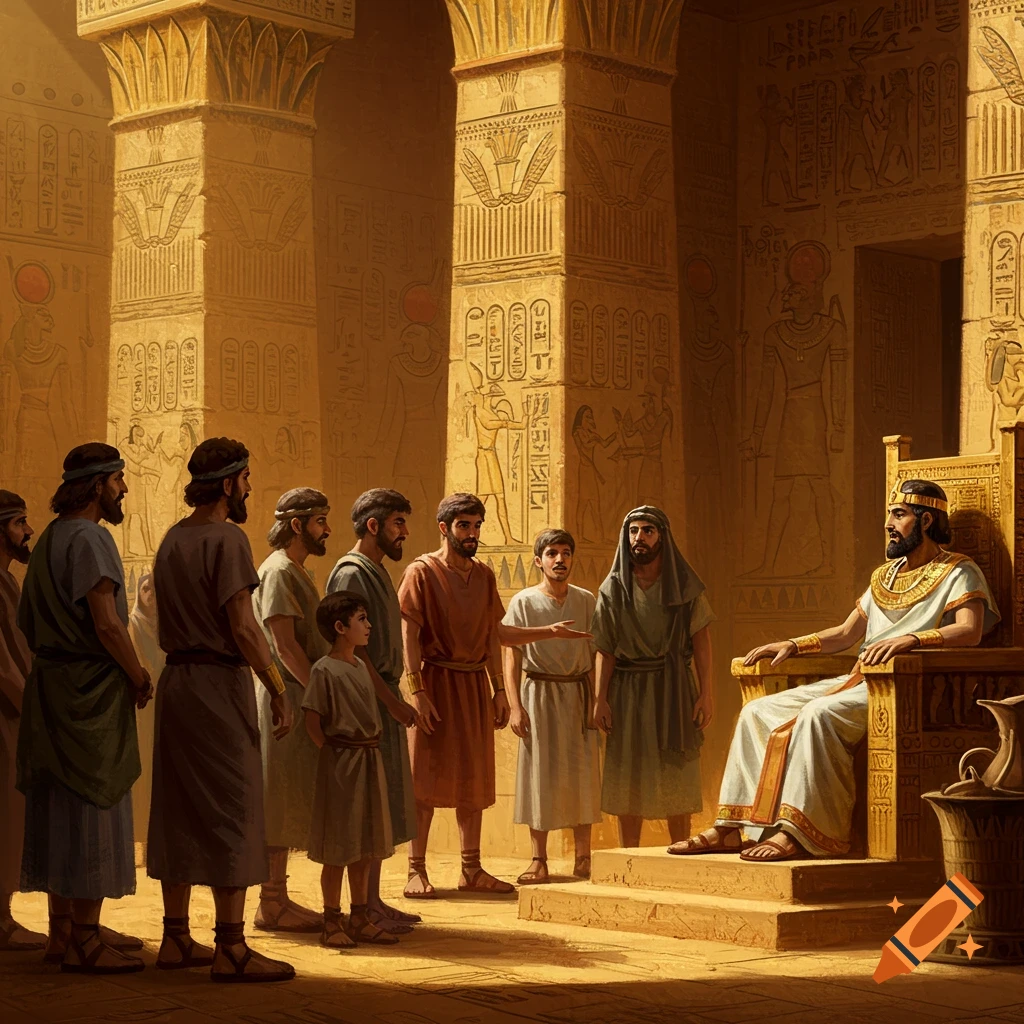 Group of men speak to a king on a throne in an ancient palace with hieroglyphs.