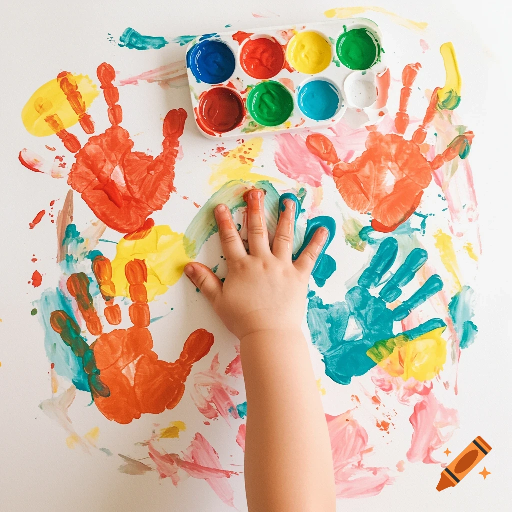 Child's hand making colorful handprints on white paper with paint palette.