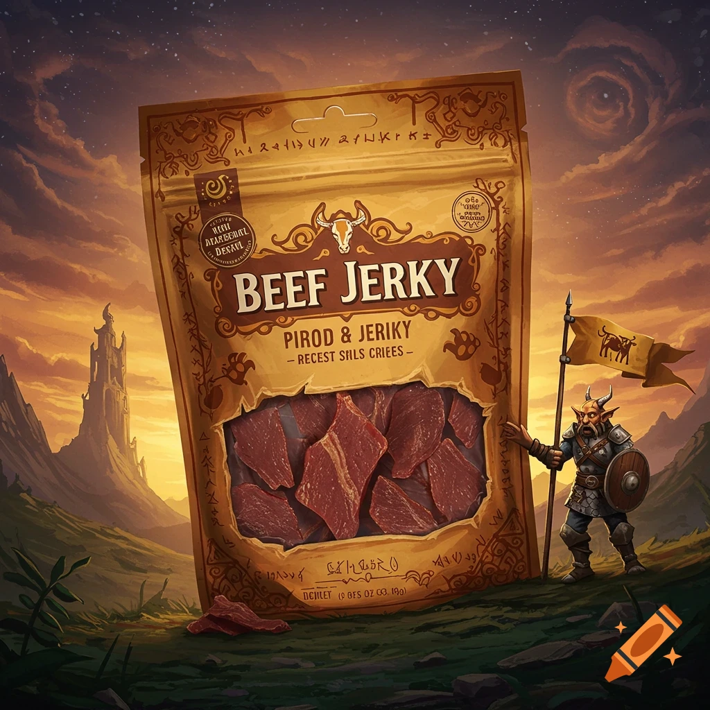 A bag of beef jerky sits in a fantasy landscape with a small creature holding a flag beside it.