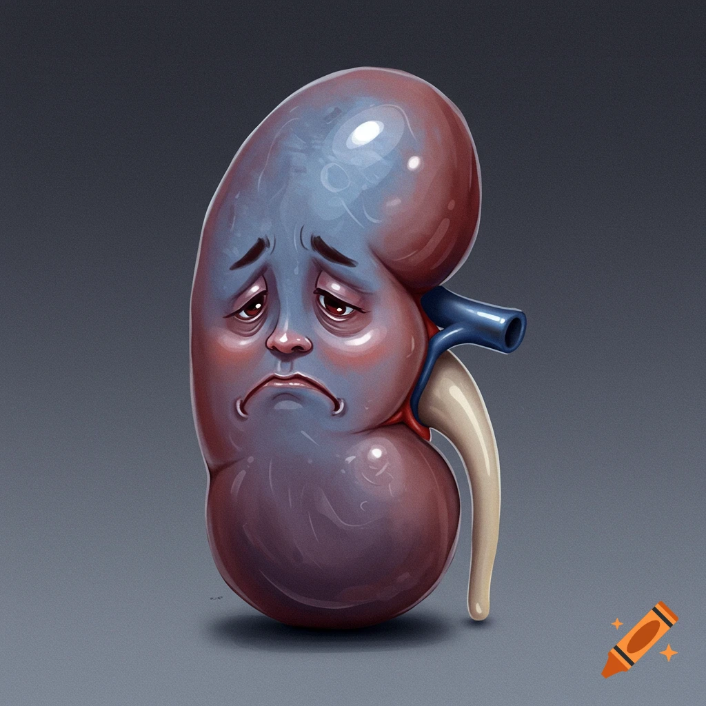 A sad, cartoon kidney with blood vessels