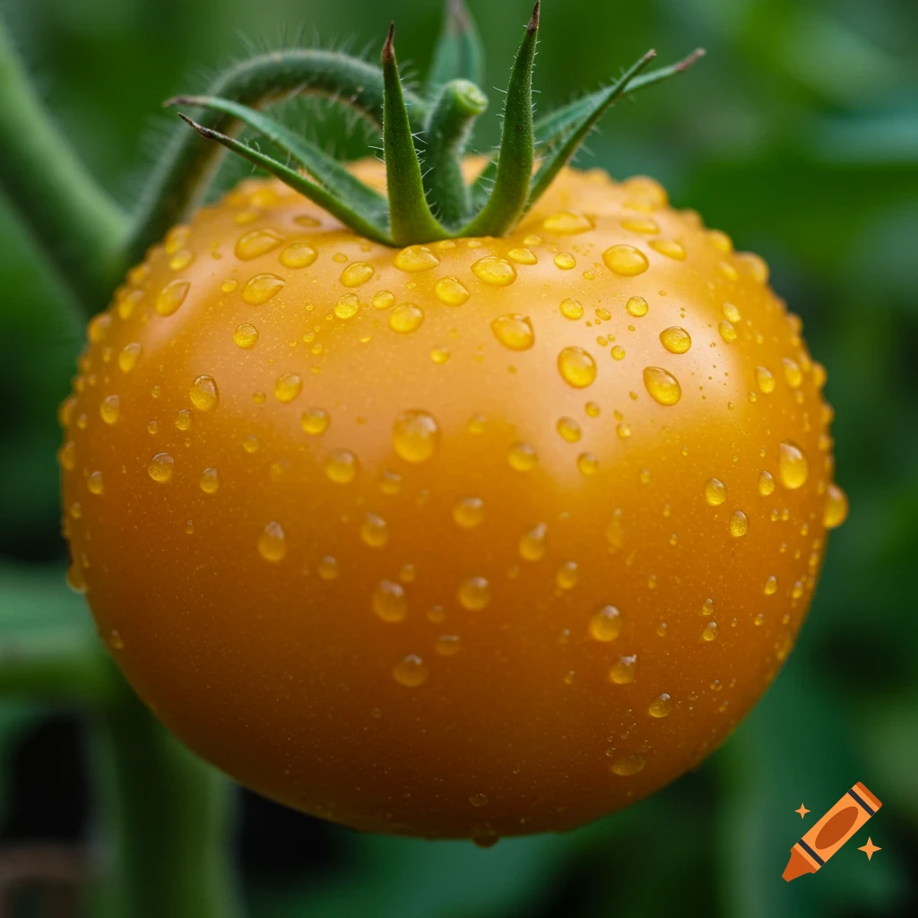 Close-up photo of a yellow tomato covered in water droplets