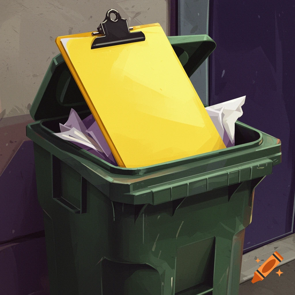 A yellow clipboard rests inside a green trash can.