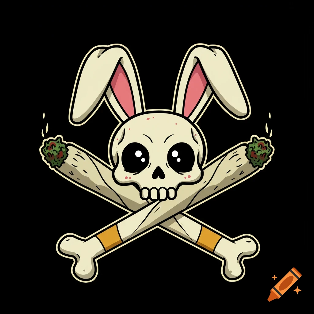 Cartoon illustration of a bunny skull with crossed marijuana joints on a black background.