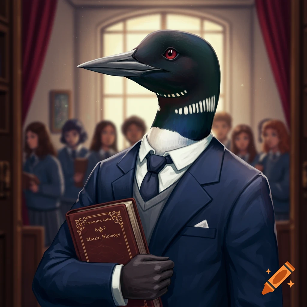 An anthropomorphic common loon in a suit holding a book in a classroom.