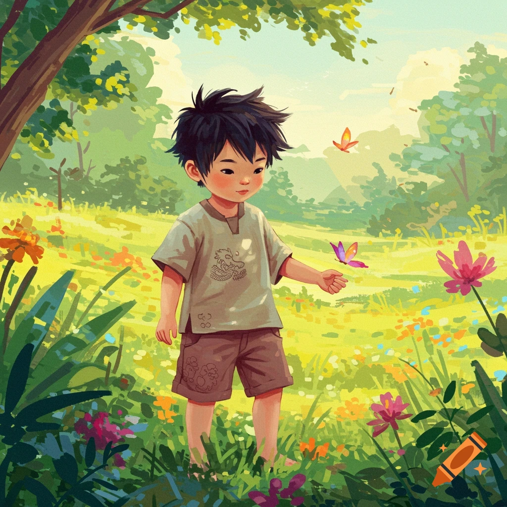A young boy is in a meadow with butterflies.