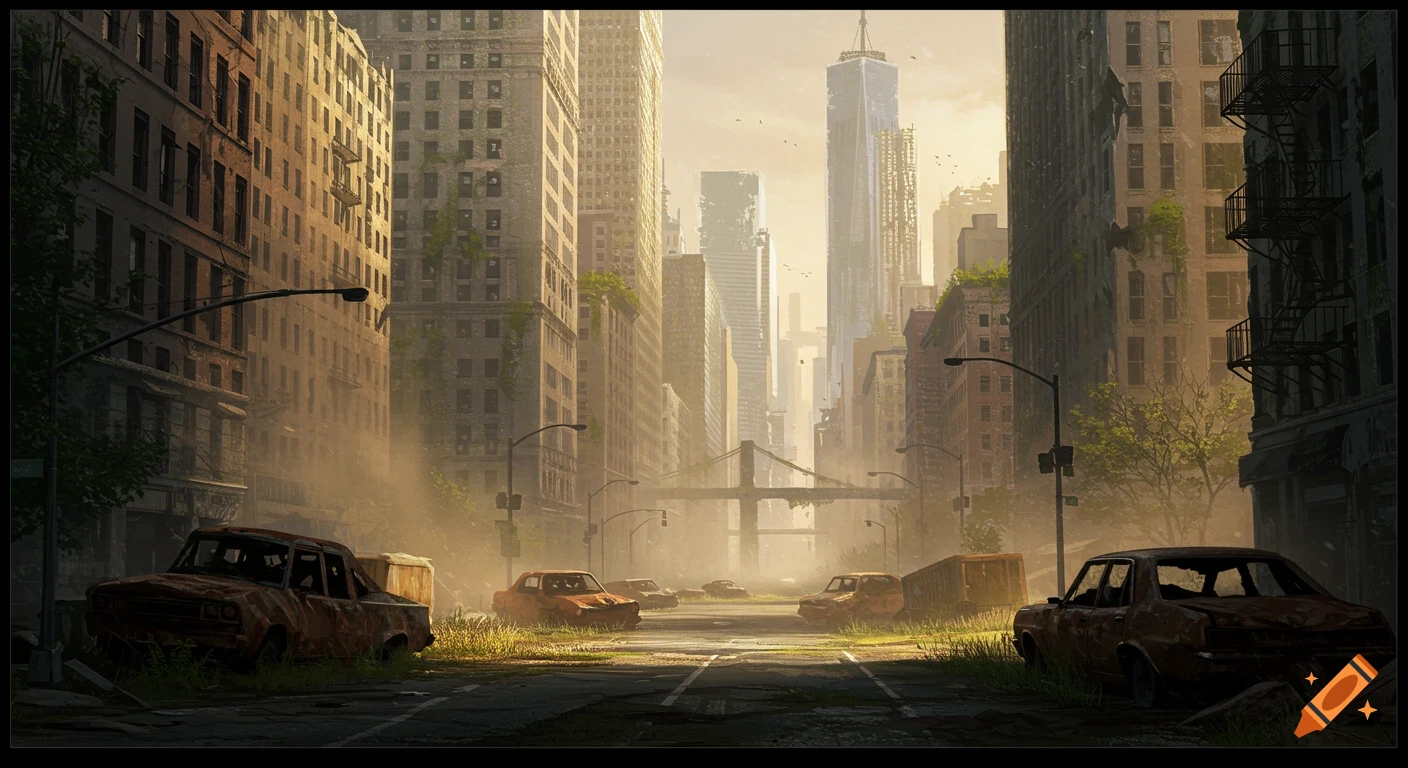 A post-apocalyptic city street in New York with abandoned cars and overgrown buildings.