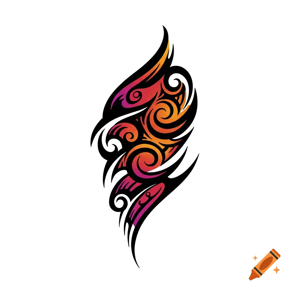 Stylized tribal tattoo design with black, orange, red, and purple gradients on a white background.