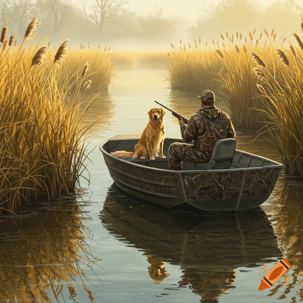 A hunter and golden retriever in a boat on a river surrounded by reeds.