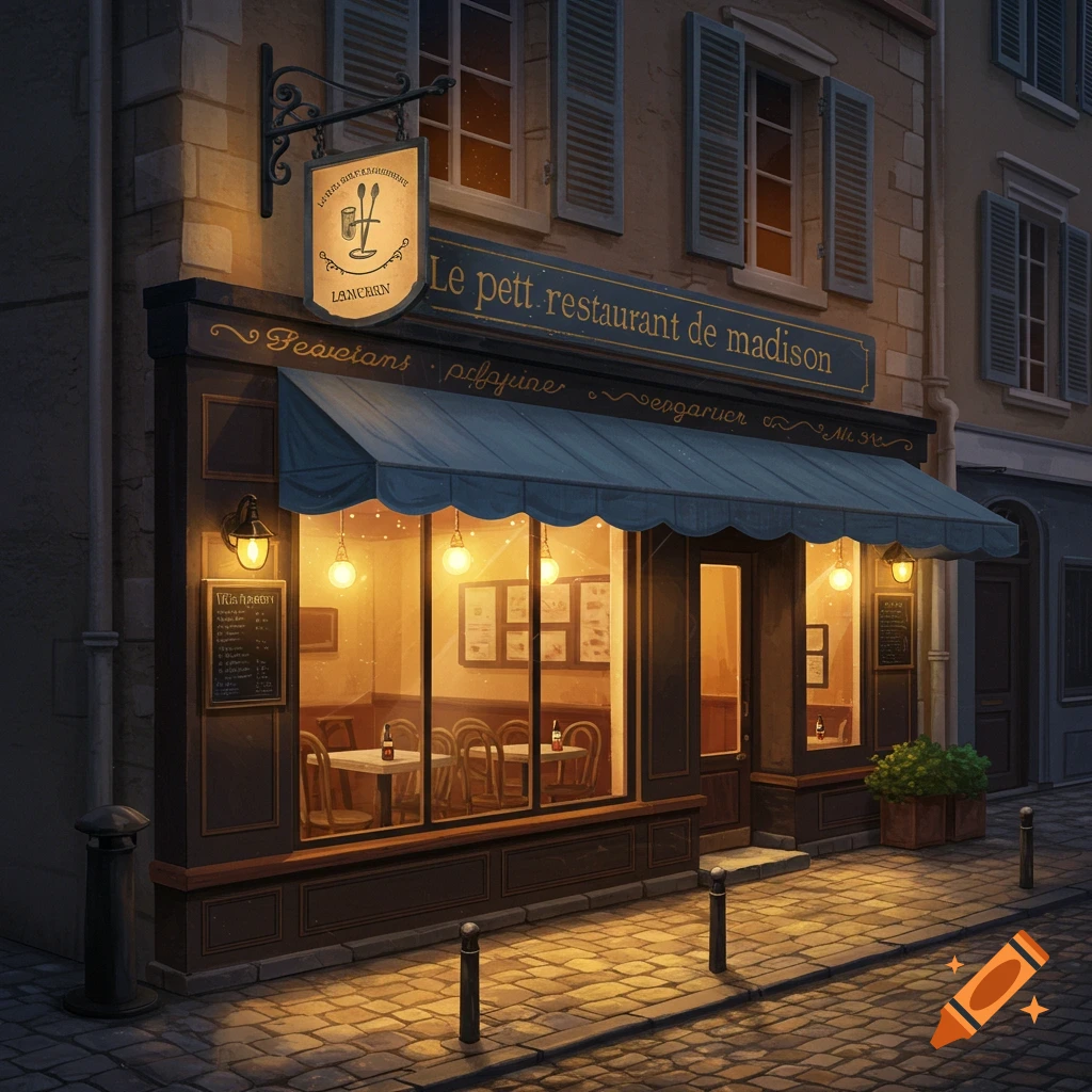 A cozy French restaurant facade at night with lights on.